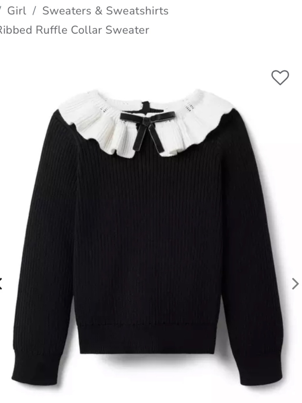 JANIE & JACK Ribbed Black Sweater with White Ruffle Collar and Velvet Bow